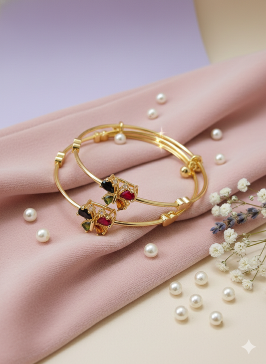 Multicolor Butterfly Gemstone Adjustable Gold Bangles (Set of 2)