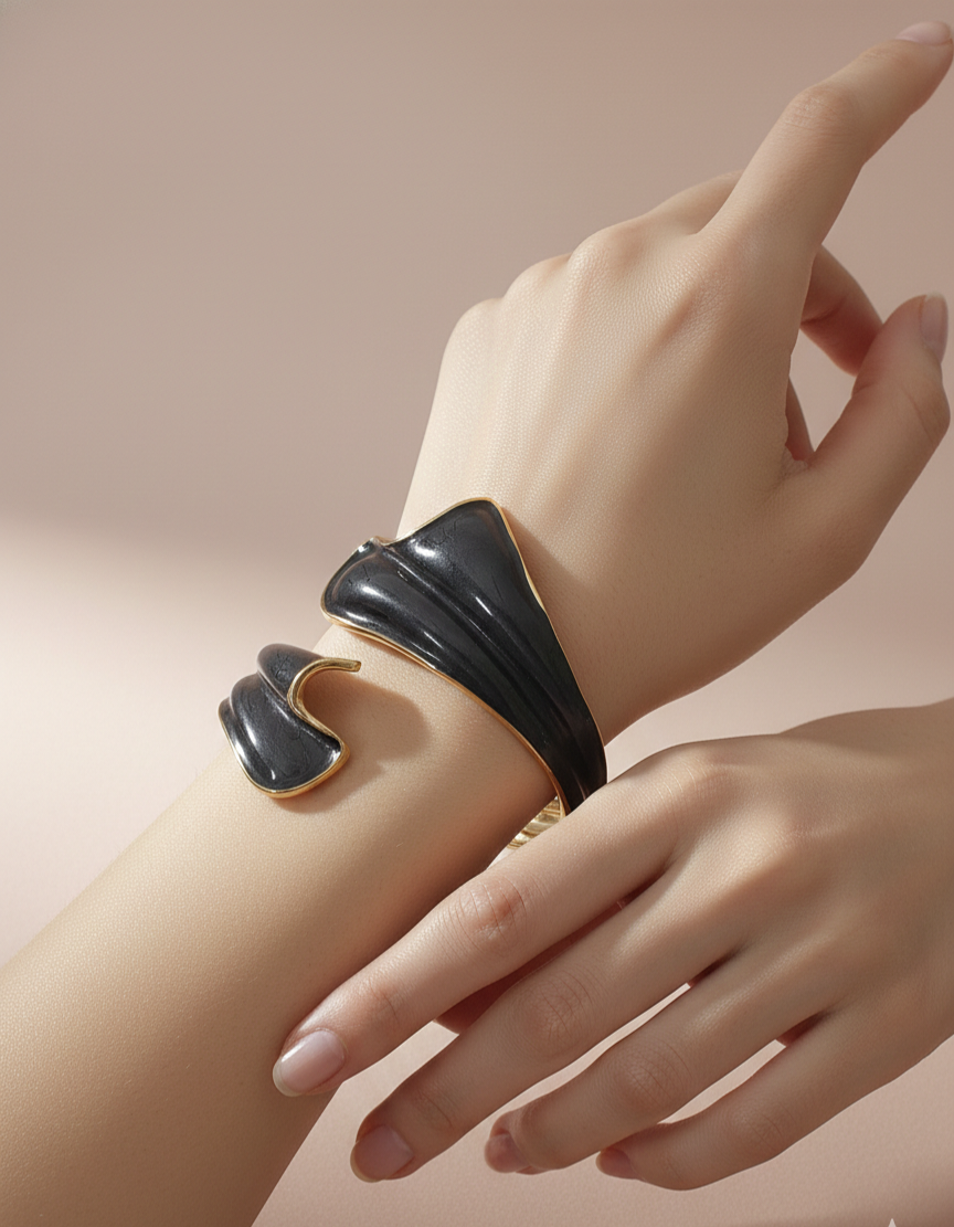 Sculptural Midnight Enamel Wave Bracelet