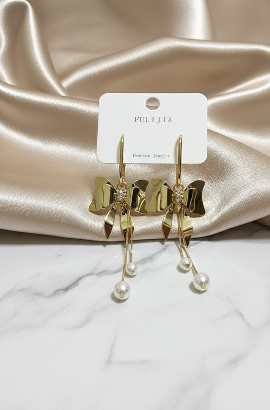 Golden Ribbon & Pearl Drop Statement Earrings