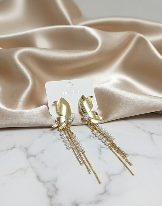 Golden Butterfly Grace: Pearl & Crystal Tassel Earrings