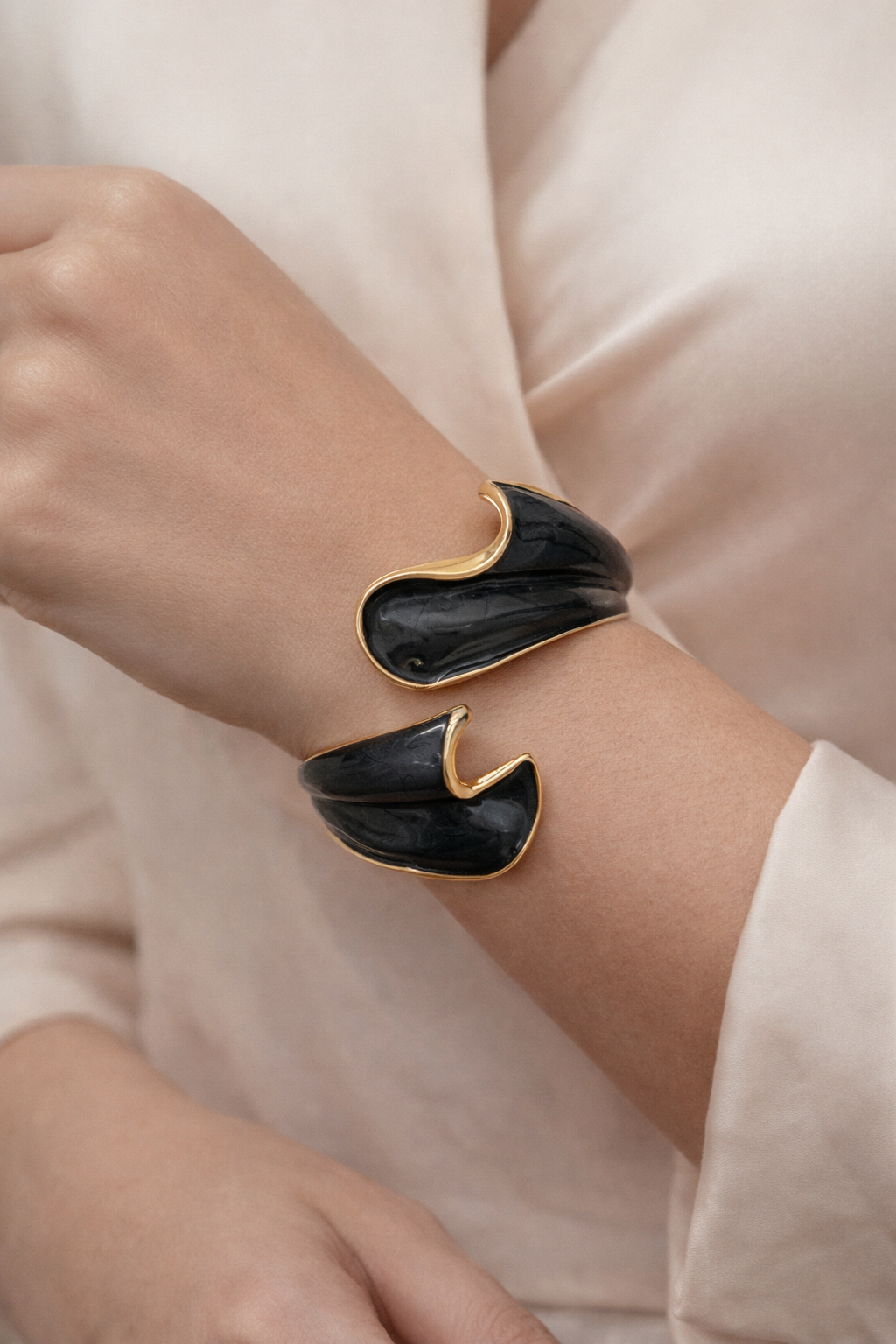Sculptural Midnight Enamel Wave Bracelet