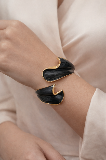 Sculptural Midnight Enamel Wave Bracelet